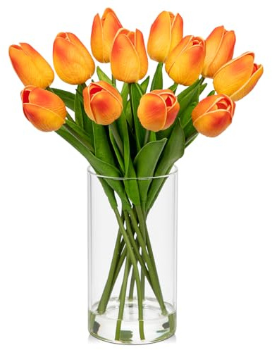 Hollyone 12PCS Fake Orange Tulips, Artificial Tulip Flowers in Glass Vase with Faux Water, 7.5 Real Touch Tulip Flowers Décor for Table Centerpiece Home Farmhouse Resto Wedding Decoration