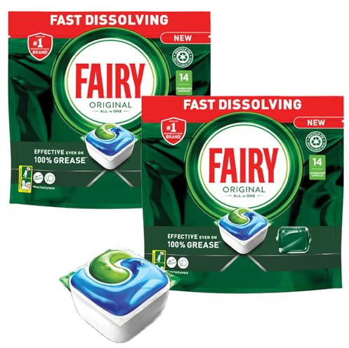 Fairy Original All in One Dishwasher Pouches Food Grease Water Stains Remover Cleaner Detergent Shiny Glasses Washing Up Liquid 14pk Pack of 2 with Welari Thank You Card | (2pack) (2x189g)