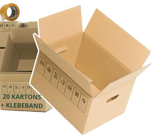 GROWMANIA Pack 20 Cajas de Cartón 50 x 30 x 30 | Cajas Ultra Resistentes para Mudanza y Almacenaje con Iconos Identificativos y Asas Fácil Transporte Marron | Aptas para Envíos