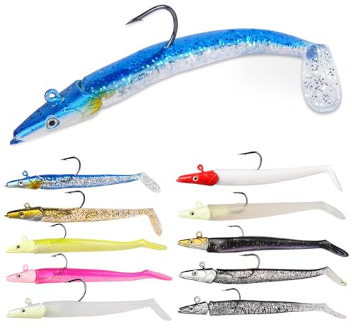 HOTUT Esca da Pesca Morbido Silicone, 10 Pezzi T Coda Esca Artificiale con Gancio Tagliente, Esca per Esca Morbida Occhi 3D per Bass, Trote e Crappie, Esche da Nuoto con coda a Paletta