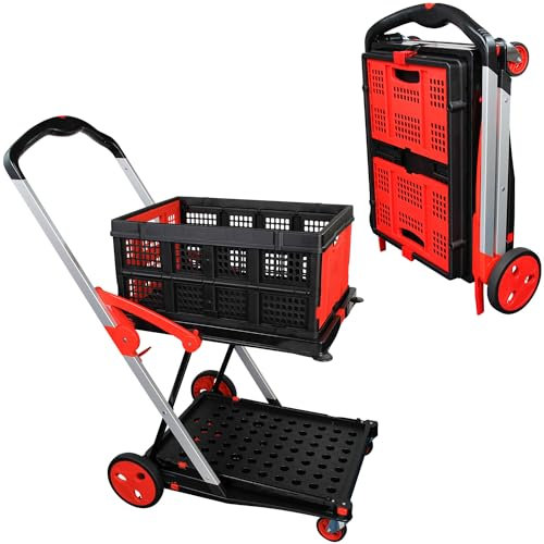 APOXCON Folding Shopping Cart with One Crate, Multiple Uses Two Tier Collapsible Cart with 360° Rolling Swivel Wheels, Heavy Duty Utility Cart Foldable Trolley for Shopping, Picnic and Office - Red