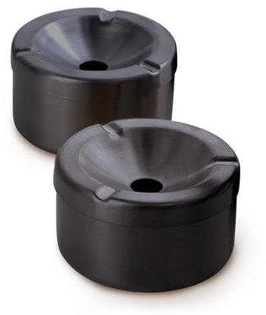 DOCBLACK Stainless Steel Ashtray with Lid, Windproof Cigaratte Ash Tray for Outdoor Indoor, Black Metal Ashtray Bin Ash Holder, Brushed Finish and Smooth Edge, Easy to Clean, Set of 2