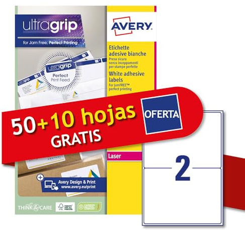 Avery Italia L7168-60P Etiketten, weiß, 50 + 10 extra Blatt, rechteckig, 199,6 x 143,5 mm, 2 Etiketten pro Blatt, permanent haftend, Laserdrucker