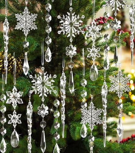 Weihnachtsdekoration, Christbaumschmuck Schneeflocken Eiszapfen Anhänger, Weihnachten Deko Kristall Christbaumschmuck Anhänger, Acryl Weihnachtsanhänger DIY Winter Dekoration, 18 Stück