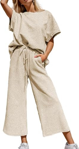 BUNSLOOM Zweiteiler Damen Outfits Sweatsuit Casual Long Sleeve Pullover Tops Drawstring Wide Leg Pants Lounge Sets