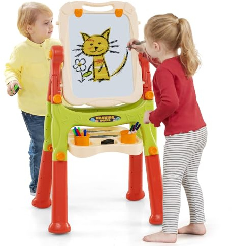 GOPLUS Tableau Enfant Double Face Blanc/Noir, Chevalet Enfant avec Tableau de Peinture Rotatif, Plateau de Rangement, Réglable en Hauteur, pour Enfants 3+ Ans (Orange)