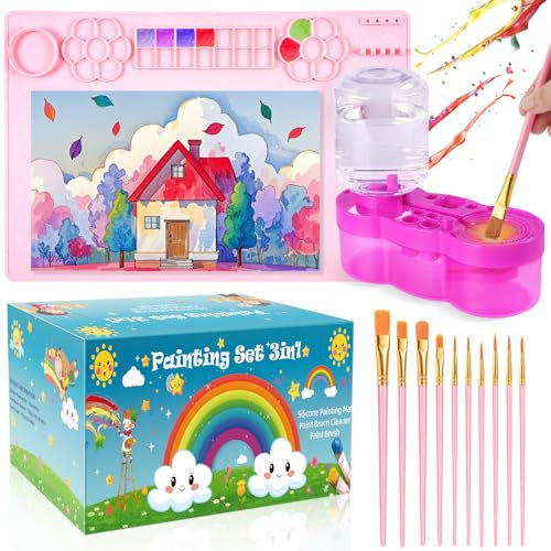 All-in-One Painting Station for Kids – 15.7x23.6 Silicone Painting Mat with Paint Brush Cleaner Tool and 10 Brushes, Ideal for Acrylic Painting and DIY Crafts(Pink)