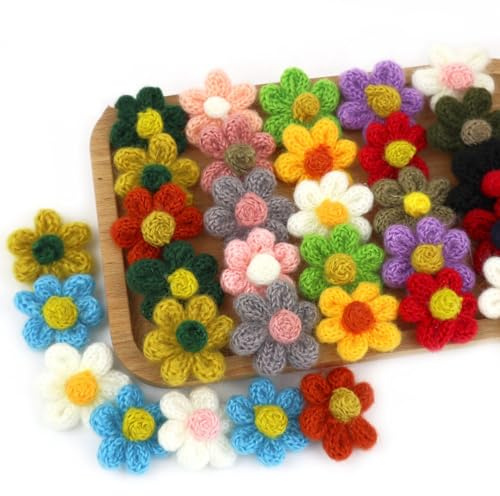 30 Stück Gestrickte Blumen Patches, Blümchen Gehäkelte Applikationen, Nähapplikationen zum Aufnähen, Wollblume Ornament für DIY Nähen Kleidung Kleider T-Shirt Rucksack Taschen Schuhe,Mischfarben