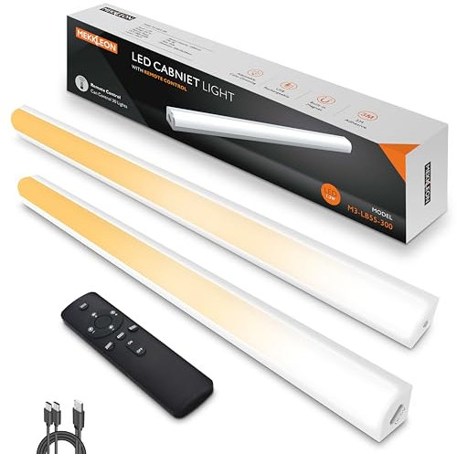 MEKKLEON Lot de 2 lampes de cuisine LED avec télécommande - Magnétique à intensité variable - Rechargeable - Éclairage de vitrine LED sans fil pour armoire (blanc, 30 cm)