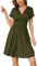 WUWUSKY Sommerkleid Damen Kurzarm V-Ausschnitt Freizeit Kleider A Linie Leicht Casual Dress mit Taschen Plissee Loose Swing Freizeitkleid,Armeegrün,M