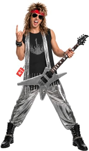 Morph Rockstar Kostüm Herren, 80er Jahre Halloween Kostüm Herren | Oberteil, Hose, Schal & Bandana, Glänzendes Silber im Punk-Stil, Perfekt für Halloween, Ideal zum Verkleiden