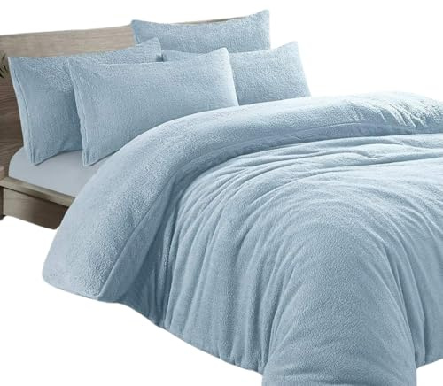Dolce Vari Teddy Bear Fleece Bedding Set Soft Warm & Cosy Luxury Duvet Cover Set with Pillowcases Quilt Cover Sets Reversible Duvet Sets (Blue, King Duvet Set)