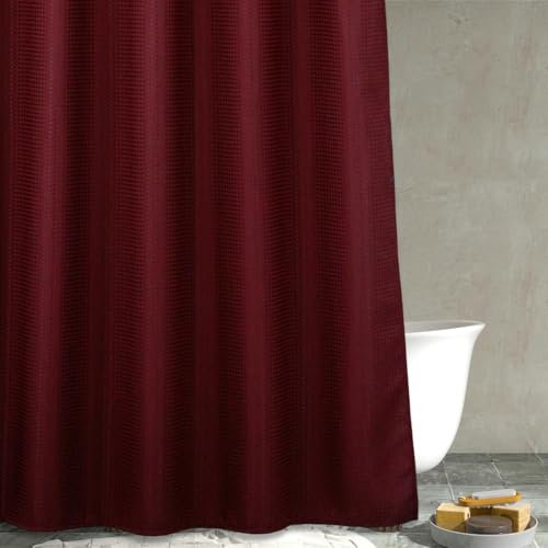 Rideau de douche à tissage gaufré rouge : rideau de douche en tissu texturé robuste pour salle de bain – Imperméable et lavable en tissu polyester épais – Bordeaux – 183 x 183 cm de hauteur