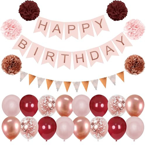 Luftballons Geburtstag Dekoration, Weinrot Rosegold Geburtstagsdeko, Happy Birthday Deko Banner, Pompons, Dreieck Flagge, Luftballons Konfetti Ballons für Geburtstagsdeko Männer Junge