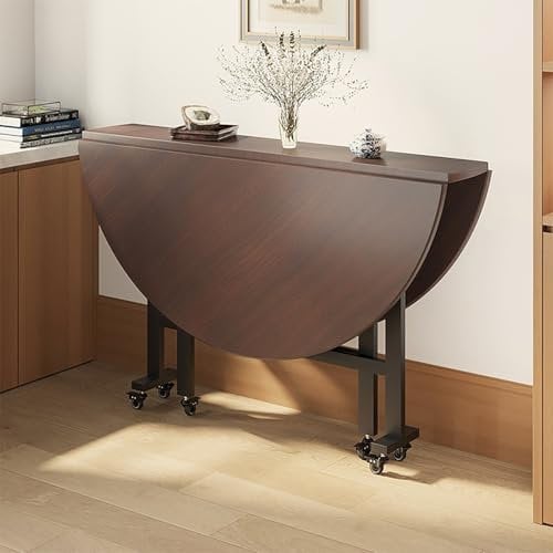 Tavolo da pranzo rotondo con prolunga a ribalta, tavolo da cucina in legno su 6 ruote per un uso versatile come tavolo da pranzo, scrivania da ufficio o isola da cucina, motivo noce scuro, 120 cm