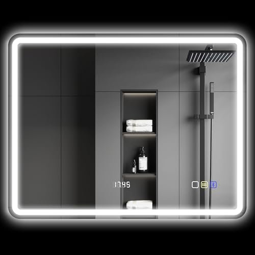 HOMCOM Badspiegel mit Beleuchtung 70x90 cm LED Spiegel Wandspiegel mit Bluetooth-Musikfunktion Uhr Touchschalter Memory-Funktion Lichtspiegel Beschlagfrei mit 3 Lichtfarben Silber