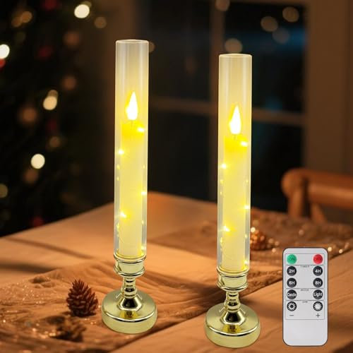Flammenlose LED Kerzen mit Kerzenhalter, 2 Stück Stabkerzen mit Batterie, LED Kerzen Flackernde Flamme mit Fernbedienung & Timer, Elektrische Kerze für Halloween Hochzeit Tisch Weihnachten (Gold)