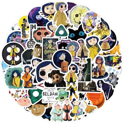 50 adesivi Coraline e la porta segreta, adesivi in vinile impermeabili per laptop, bagagli, skateboard, ragazzi e adulti