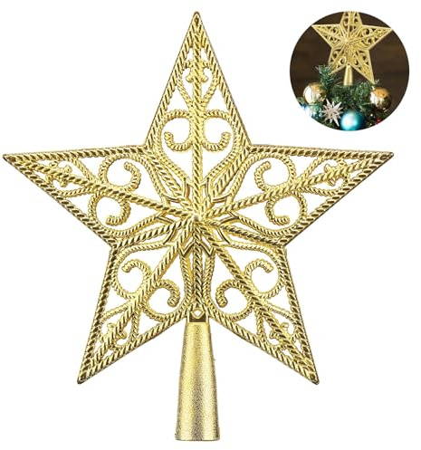 Harrms Christmas Tree Topper with Holder, Golden Star for Top of Tree, Vintage Decorative Ornament for Home Holiday Party