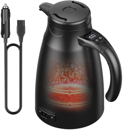 12v - 24v Wasserkocher für Auto, 1,2 Liter Elektrischer Mobiler Wasserkocher Edelstahl mit 12/24 Volt Zigarettenanzünder für Heißwasser Kaffee Tee, Lkw KFZ Reise Camping