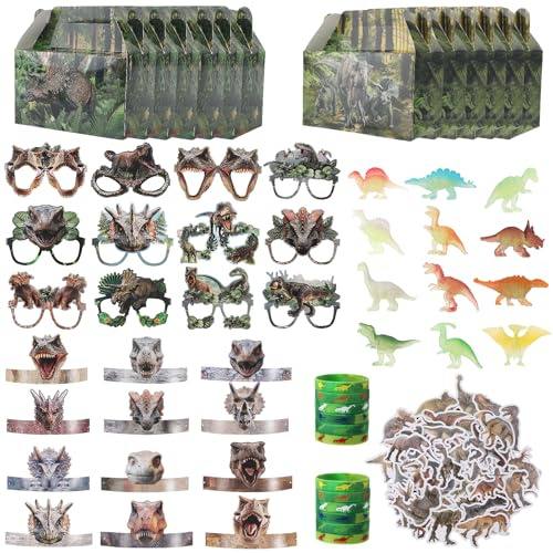 Camptrip 110 Stück Dinosaurier Party Mitgebsel Kindergeburtstag, Party Gastgeschenke Kinder mit Dinosaur Geschenktasche Sonnenbrille Zurückziehen Armband Stirnband Mini Dinos Figuren Aufkleber