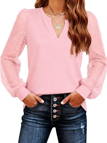 Pawate Spitzen Oberteile Damen Bluse elegant Langarm Shirts Herbst Tunika Tops (Rosa/S)