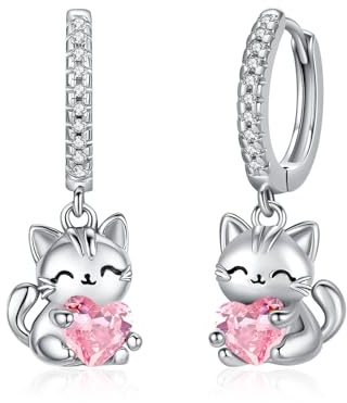 OHAYOO Katzen Ohrringe Creolen Silber 925 Herz Ohrringe Katze Katzenohrringe Tiere Schmuck für Mädchen Damen