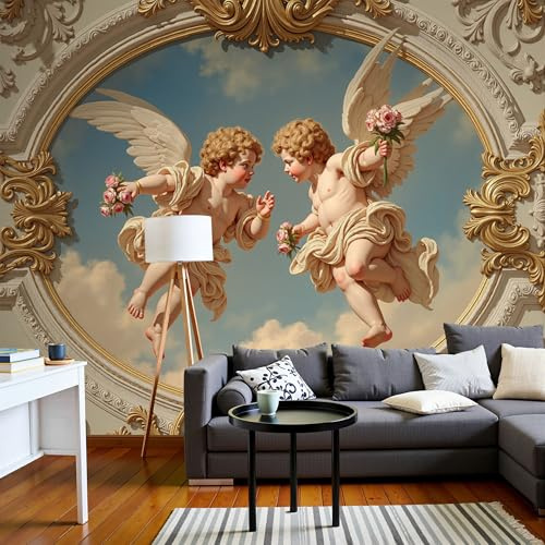 JEDTAKCT Papier Peint Motif Mignon Ange Nordique 3D Relief Rococo, Papier Peint Panoramique Tableaux Photo Muraux Crème Utilisé Pour Chambre, Salon, Fond Tv Décoration Murale 200X140Cm
