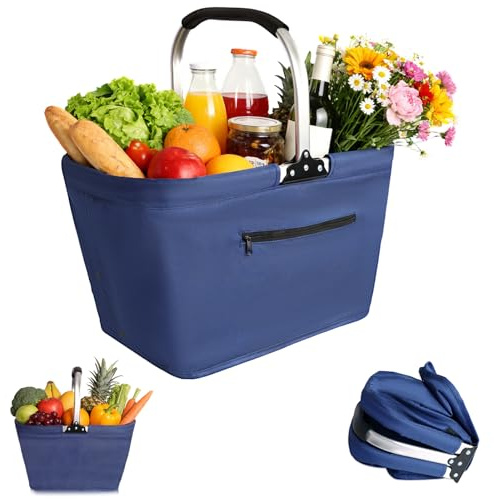 Einkaufskorb Kühltasche 35L, Einkaufskorb Faltbar mit Aluminium Griff, Große Isolierter Picknickkorb mit Deckel, für Picknicks im Freien, Einkaufen und Reisen