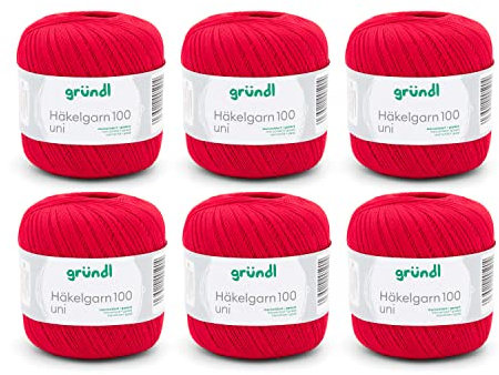 Gründl Wolle Häkelngarn 100 - dünne sommerliche Wolle zum Häkeln - Glänzend und waschbar - Baumwollgarn - 100 % Baumwolle - 6 Knäuel 100 g / 566 m - Nadelstärke 1,5 - 2, signalrot