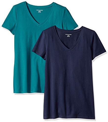 Amazon Essentials Women's Regular-Fit Short-Sleeve V-Neck T-Shirt, Pack of 2, Dark Green/Navy, XL