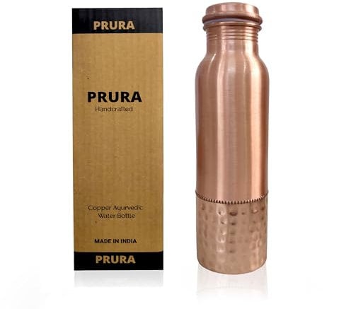 PRURA Copper 100% Copper Ayurveda Benefit Water Hammered Bottle Leak Proof (900ml/30oz, Design 5)