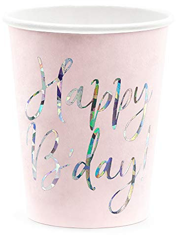 Bicchieri di carta usa e getta per feste, Happy B'day, 12 pezzi, 220 ml, rosa cipria