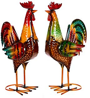 Riesiges schönes Metall Figurenpaar Hahn und Hahn Set 192022+192023 Gartenfigur Hahn1-42cm, Hahn2-42 cm Dekofigur (Rot-Grün Glanz)