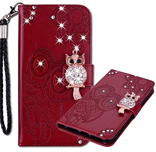 MRSTER Lederhülle Samsung Galaxy A12 Flip Hülle, 3D Prägung Eule Bling Diamond Schutzhülle mit Handschlaufe Voller Schutz Handyhülle für Samsung Galaxy A12. Owl Brown