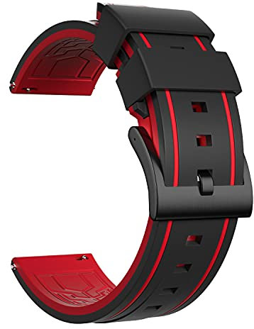 ULLCHRO Bracelet Montre Remplacer Silicone Bracelet Montre - 20, 22, 24, 26mm Caoutchouc Montre Bracelet avec Acier Inoxydable Boucle Argent (24mm, Red & Black)