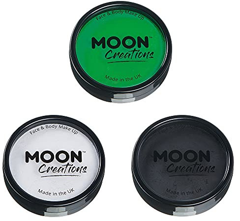 Moon Creations Pro Body & Face Makeup | Bright Green, White, Black Set | 36g | Professional Colour Paint Cake Pots for Face Painting | Kids, Adults, Fancy Dress, Festivals, Halloween
