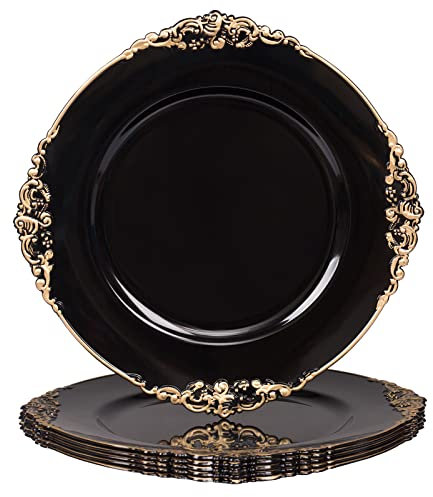 MAONAME Black Charger Plates with Gold Rim, Round Antique Plate Chargers for Dinner Plates, 13 Plastic Charger for Wedding Table Setting, Set of 6