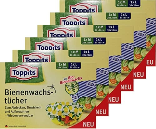 6x TOPPITS Bienenwachstücher - zum Frischhalten von Lebensmitteln M (20 x 20 cm) und L (30 x 30 cm), Bio