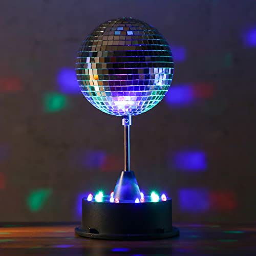LED Spiegelkugel 13cm mit Standfuß - 18 bunte LED - Batterie und USB Betrieb - silber