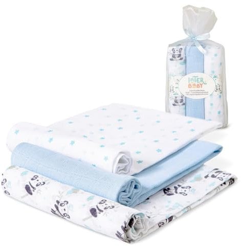Interbaby Muselinas Bebe Algodon 80x80cm | Pack 3 Gasas para Bebes Recien Nacidos, Lactancia, Toalla, Manta | Muselinas Bebe Cómoda, Suave, Transpirable | Diseño Panda Azul