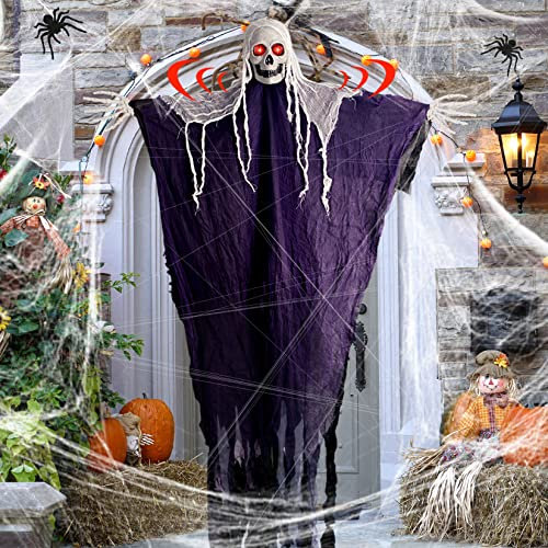 Halloween Deko Horror, 1.8M Halloween Hängende Geist Dekoration Garten, Sensenmänner Schädel Figur Spukhaus, Beleuchtete Skelett Geister Deko mit Sound, Geist Deko für Outdoor Yard Bar Party