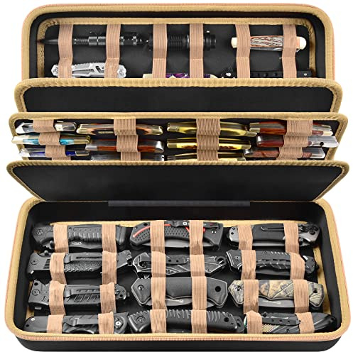Knife Display Case for 64+ Pocket Knives, Butterfly Knife Storage Box, Folding Knives Organizer Holder, Knives Collection Organized Carrier for Survival, Tactical, Outdoor, EDC Mini Knife - Brown