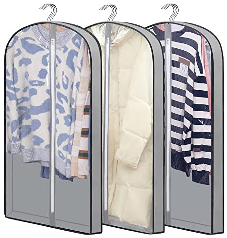 Garment bags Suit cover bags for hanging clothes 100cm, Moth Proof Dress Bag Covers Damp-proof Suit Storage Bag Clothes, Plastic Protector for Jacket, Coat, Sweater, Shirts 3 Packs (Grey)