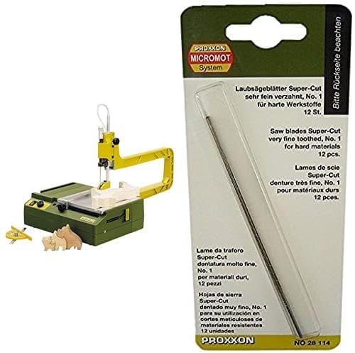 Proxxon 27088 Dekupiersäge DS 230/E (Elektro Laubsäge; 85 W; inkl. Sägeblätter; Arbeitsplatte 160 x 160 mm) & Super-Cut-Laubsägeblatt für Eisen, sehr, 28114
