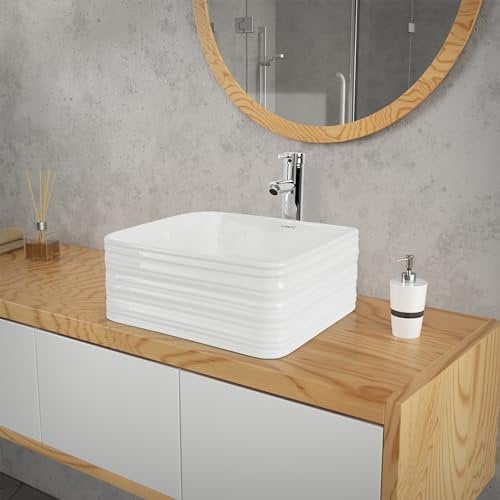 ML-Design Lavabo en Céramique en Blanc Brillant, 39x39x15 cm, Forme Anguleux, Vasque á Poser, Design Moderne, Lavabo à Main, Lavabo de Comptoir Élégant, pour la Salle de Bains et WC Invités