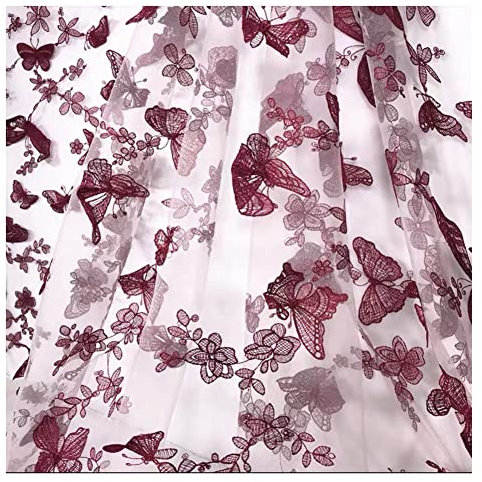 SHTGOI 3D Schmetterling Blumen Bestickte Tüll Spitze Stoff 130 cm Breit Stickerei Mesh Netzstoff Spitzenstoff für DIY Kleidung Hochzeit Schleier Vorhang 3 Yard Apricot + Rot Schmetterlinge