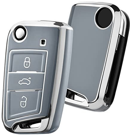 OATSBASF Autoschlüssel Hülle VW, VW Golf 7 Schlüsselhülle, Schlüsselbox Cover für VW Polo, Skoda, Tiguan, MK7 3-Tasten (Silber Rand-Grau)