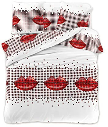 FEBE Bettwäsche Rote Lippen Bettbezug-Set 140x200 + Kissenbezug 2 Teilig mit Reißveschluss
