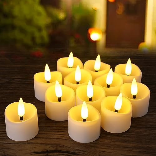 Yakpo 12 Pack LED Timer Tea Lights Battery Operated, Flameless Flickering Electric Timer Votive Candles, Small LED Flicker Fake Tealight Candle Bulk for Christmas Halloween Pumpkin Light Decorations